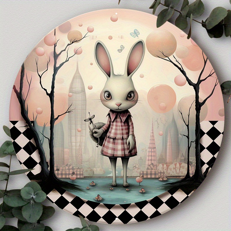 

1pc 8x8inch Aluminum Metal Sign Black Retro Style Easter Bunny Wreath Sign Circle Wreath Center Suitable For Various Scenarios