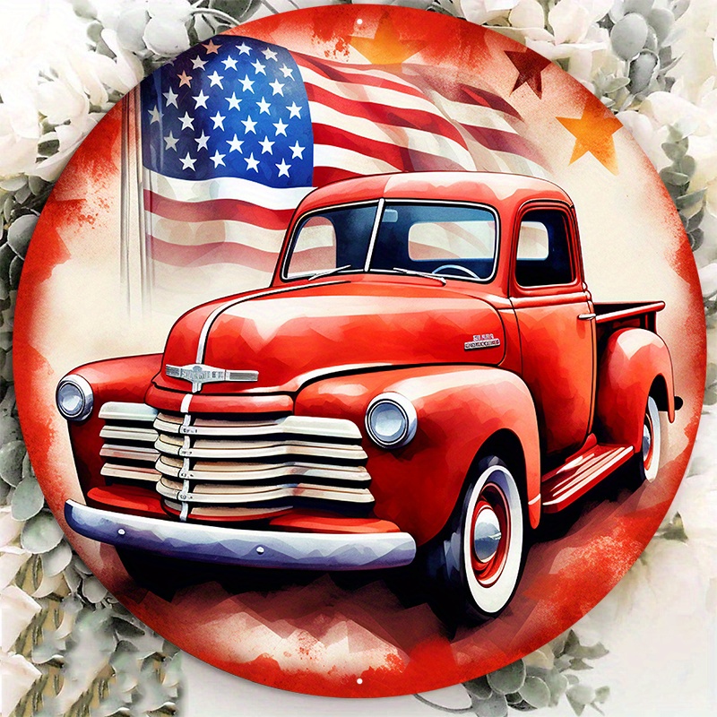 

1pc 8x8inch (20cm X 20cm) Aluminum Metal Sign Vintage Red Pickup Truck Patriotic Patriotic Party Circle Label Image Baj