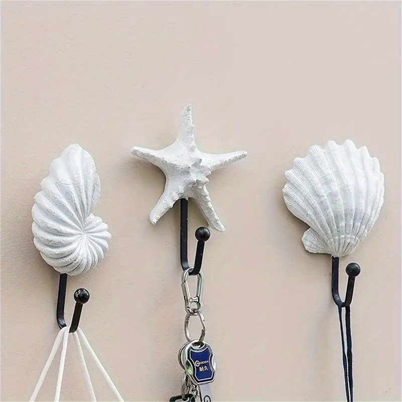 

3pcs/set Resin Coat Hooks, Creative Wall Hanging Hooks, Mediterranean Style Starfish Scallop Conch Coat Hooks, Wall Decor