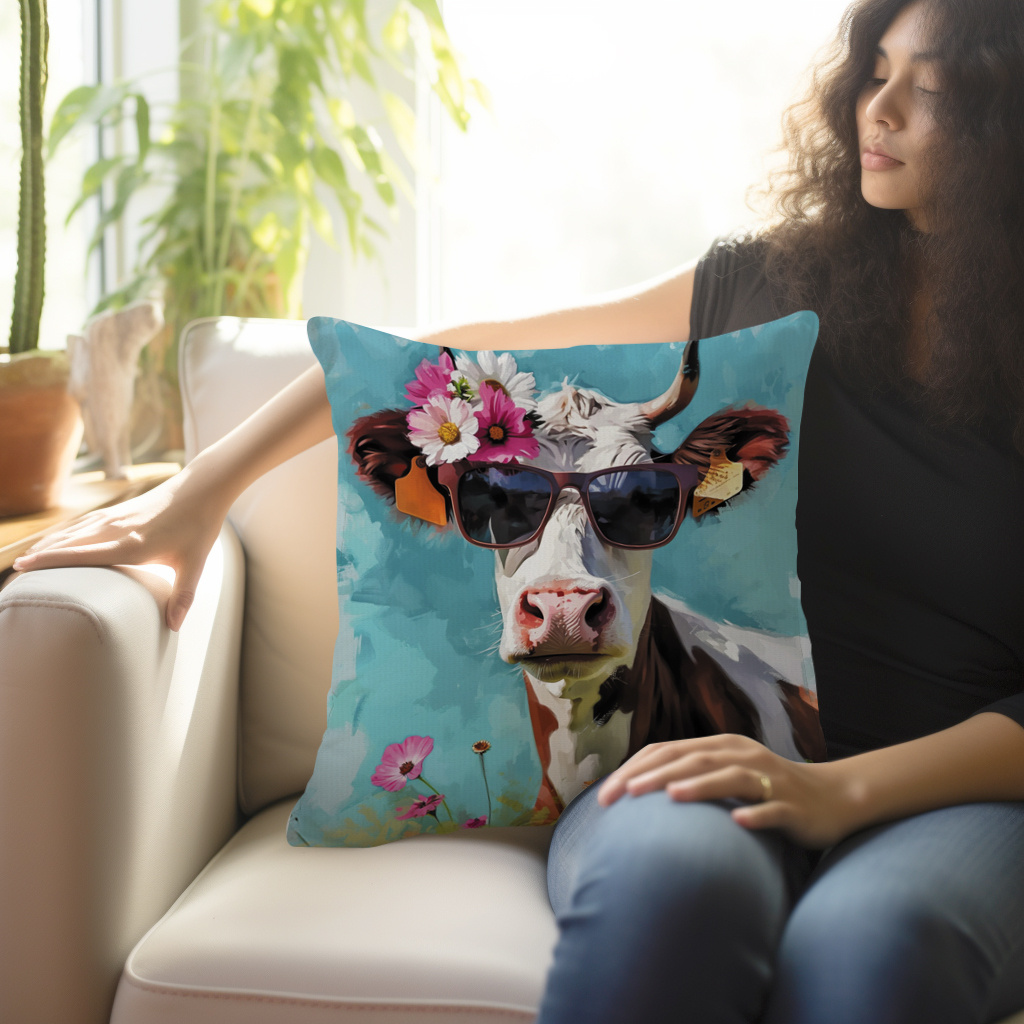 

1pc Bespectacled Cow Pattern Square Polyester Cushion Cover, Throw Pillow Cover, Bedroom Accessories, Sofa Cushion Cover, Living Room Throw Pillow Cover (no Pillow Core)