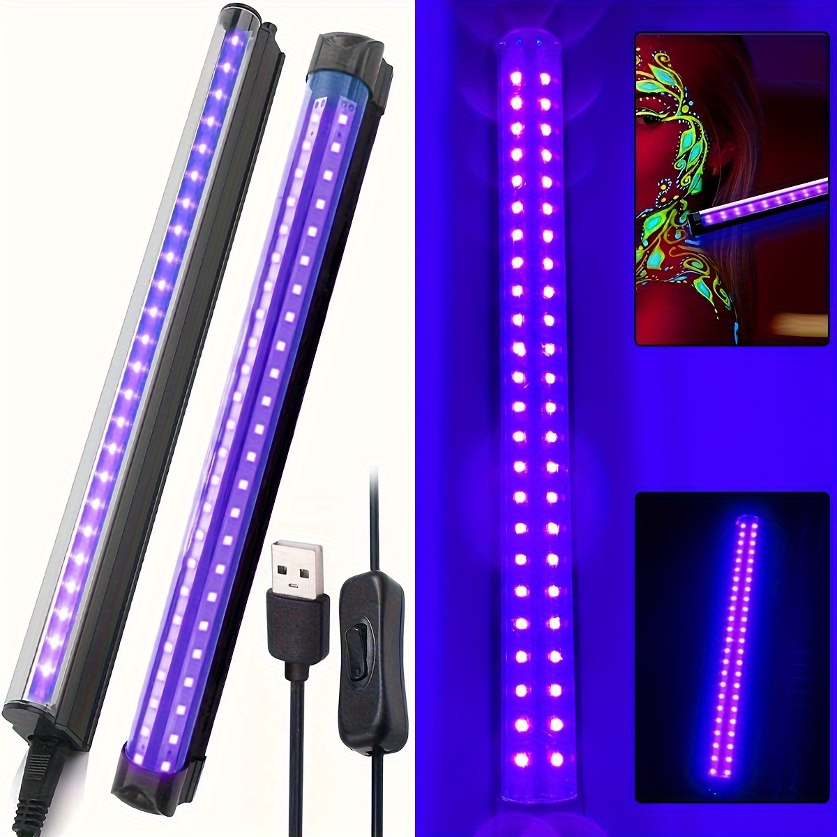 Lot de 2 luminaires noirs LED UV, tube de lumière noire USB pour affiche  néon, lumière ultraviolette portable, lampe fluorescente pour peintures  corporelles Blacklight Party 