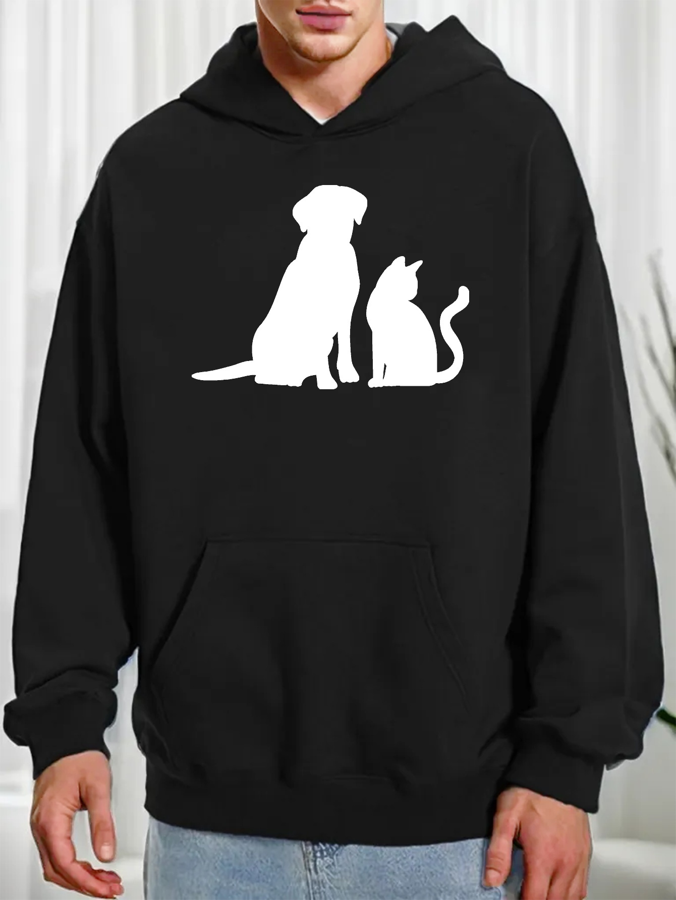 Dog Cat Print Men's Pullover Round Neck Hoodies Kangaroo - Temu Ireland