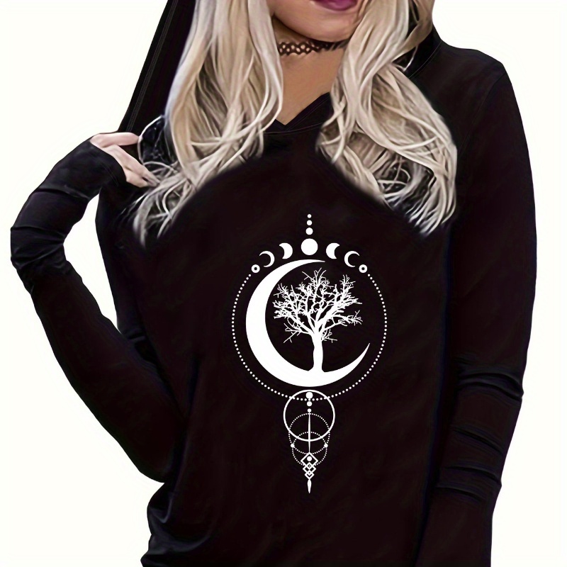 

Graphic Print Hooded T-shirt, Casual Long Sleeve Top For Spring & Fall, Women's Clothing