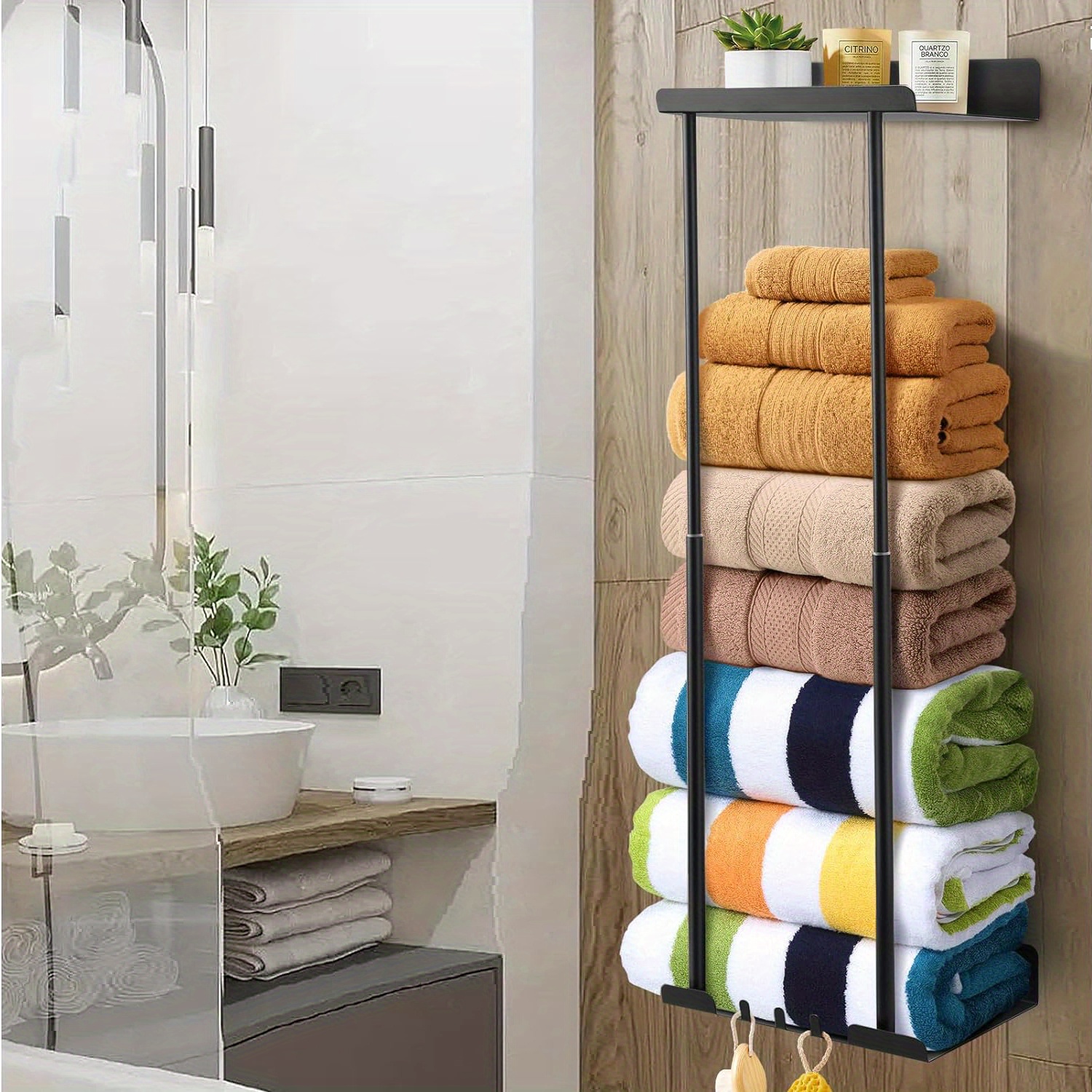 Toalleros para baño montado en la pared, soporte de toalla de metal con  estante de madera, toalla de baño enrollada y organizador de almacenamiento  de