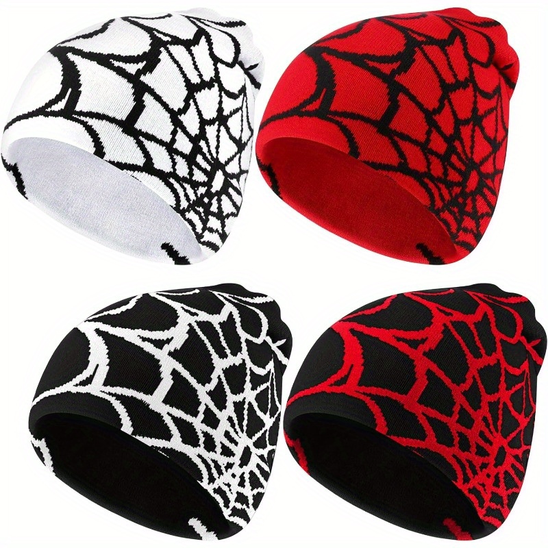 

4pcs Y2k Spider Web Pattern Beanie Gothic Acrylic Knitted Hat, Casual Streetwear Outdoor Beanies For Men
