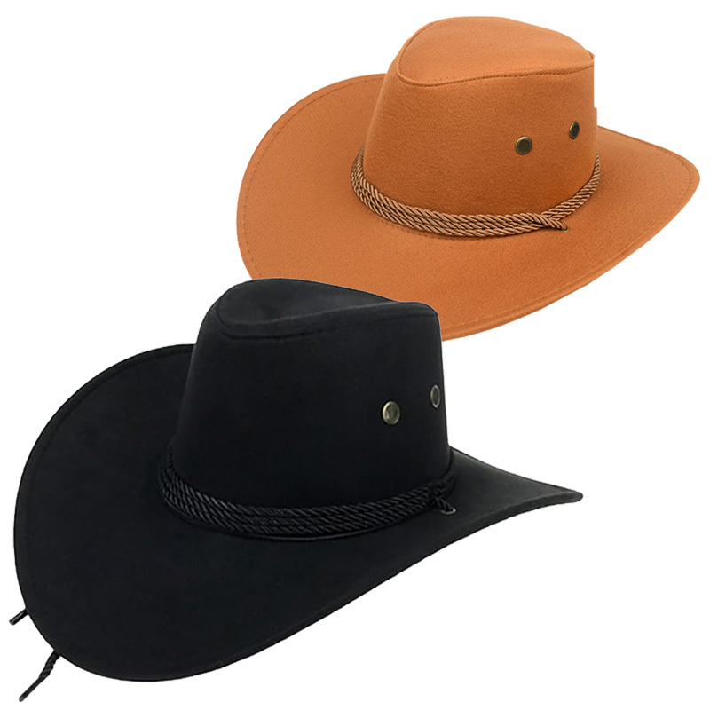 2pcs Western Cowgirl Cowboy Hat Solid Color Unisex Jazz Fedoras Classic Wide Brim Sunscreen Fedora Hats For Women Men - Click Image to Close