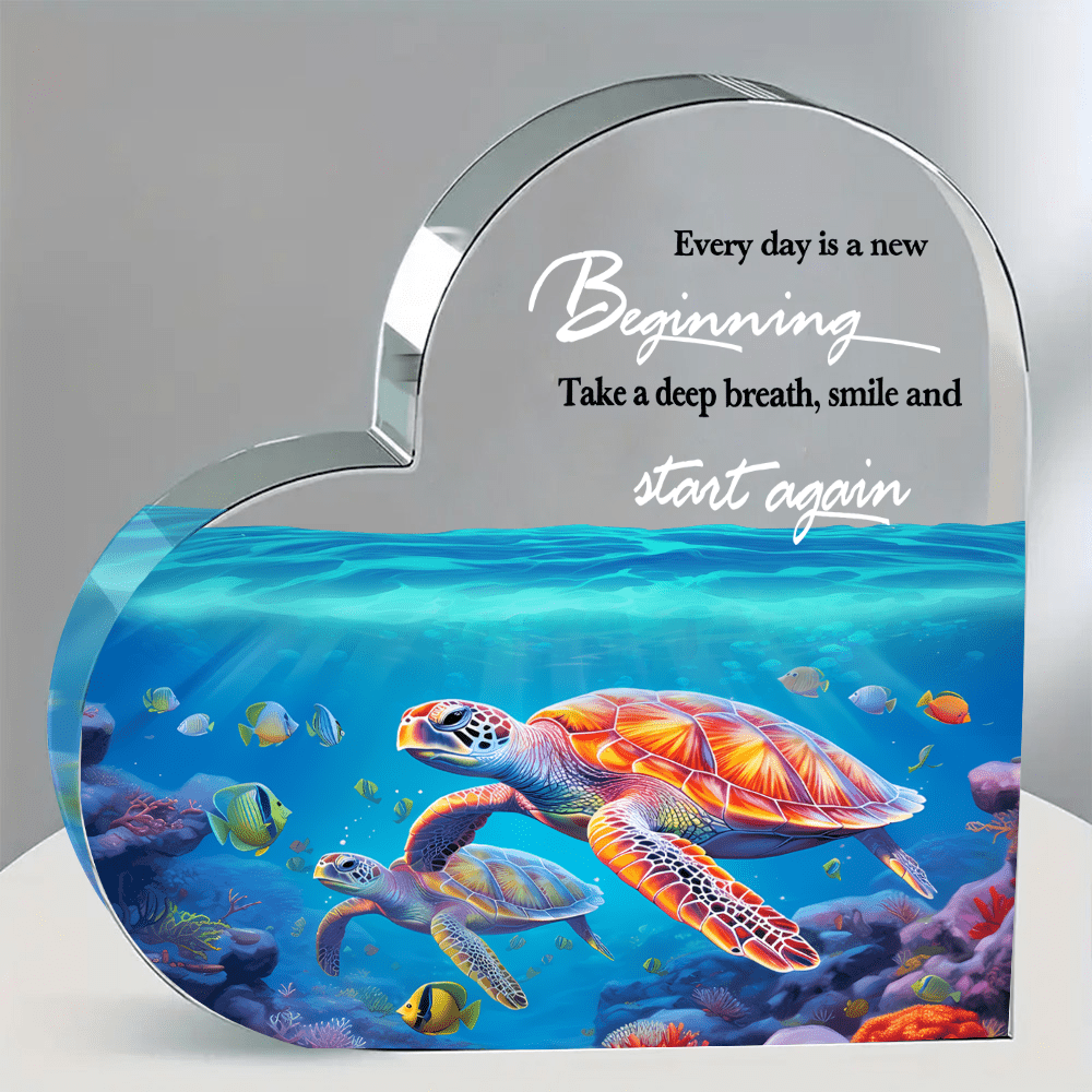 

1pc Acrylic Heart-shaped Plaque, Every Day Is A New Beginning Take A Deep Breath And Smile With Turtle Inspirational Quote, Gift Ornament For Home Desk
