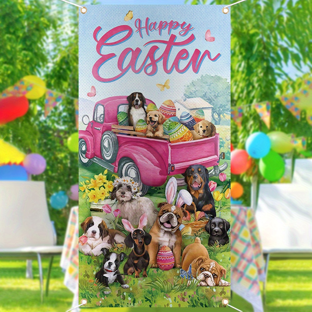 

1pc 70x35 Inch Door Cover Banner, Vinyl, Happy Easter Dogs Truck Eggs Door Cover Decorations, Bunny Puppy Door Pickup Background Banner For Front Door Indoor Outdoor Decor, Holiday Home Decor