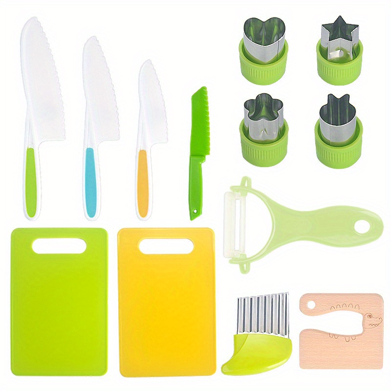 

13pcs/set, Knives Set, Knife With Firm Grip, Serrated Safe Edges Knife, Crinkle Cutter, Peeler, Chopping Board, Colorful Plastic Cooking Knives To Cut Fruits, Salad, Cake, Vegetable, Kitchen Gadgets