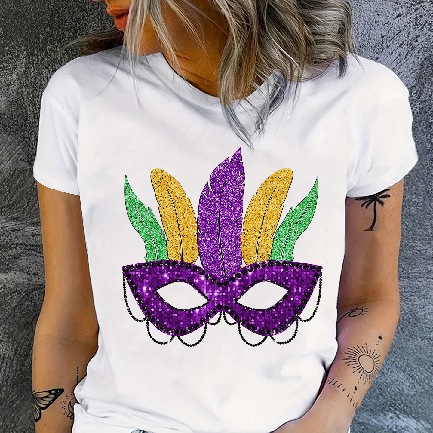 

Mardi Gras Masks Graphic T-shirt, Short Sleeve Crew Neck Casual Top For Summer & Spring, Women's Clothing