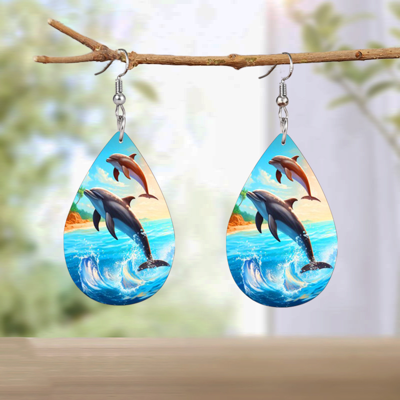 pair blue ocean dolphin leather earrings summer Temu
