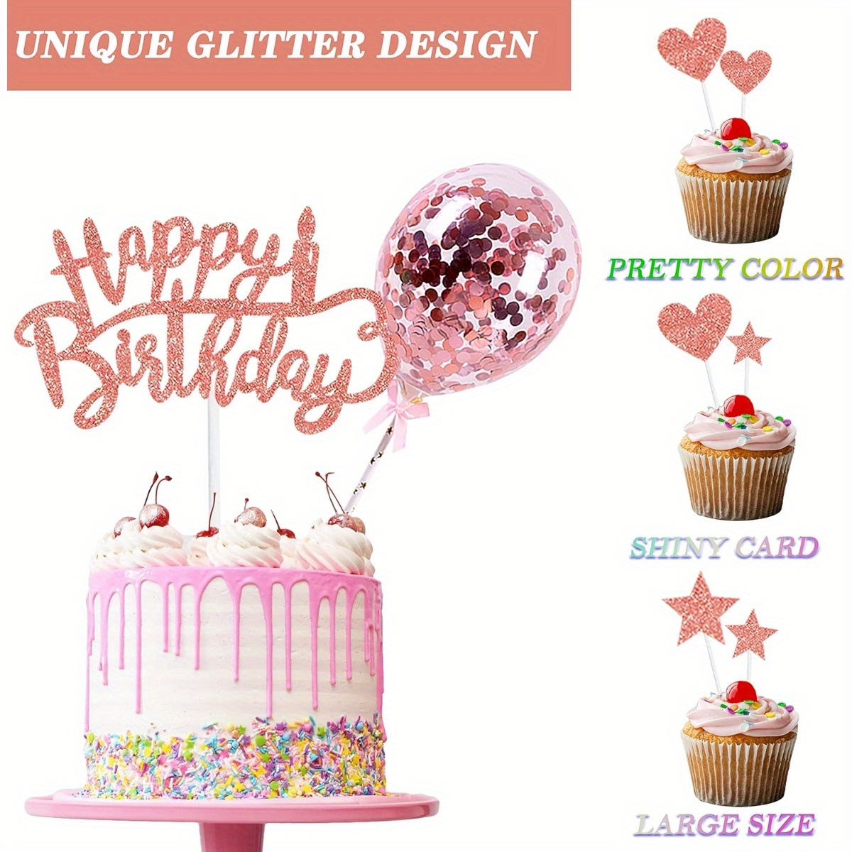 Happy Birthday Cake Topper Or Rose Décoration de Gâteaux Anniversaire  Paillettes Parti Cake Topper pour Filles Femmes Décoration de Gâteaux