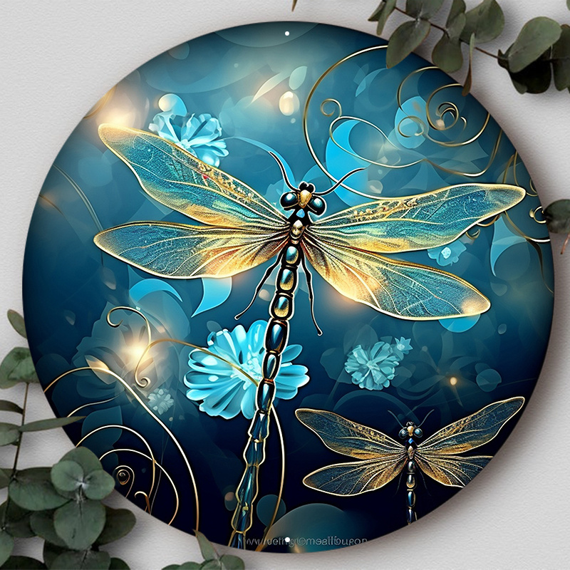 

1pc 8x8in Aluminum Metal Sign, Beautiful Dragonfly Wreath Sign, Stained Glass Rustic Cartoon Decorative Wall Hanging, Holiday Gift Suitable For Various Scenarios