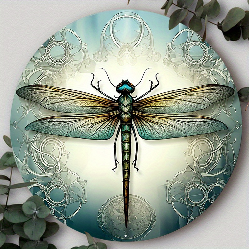 

1pc 8x8inch Aluminum Metal Sign Beautiful Dragonfly Wreath Sign, Stained Glass Rustic, Cartoon Decorative Stained Wall Hanging, Holiday Gift Suitable For Various Scenarios