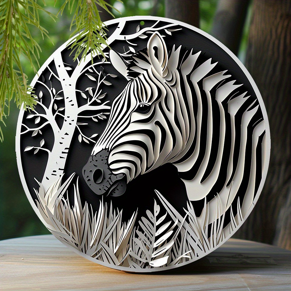 

1pc 8x8 Inch Spring Aluminum Metal Sign Faux Cutout Painting Circular Wreath Sign Living Room Decoration Men Gifts Zebra Theme Decoration