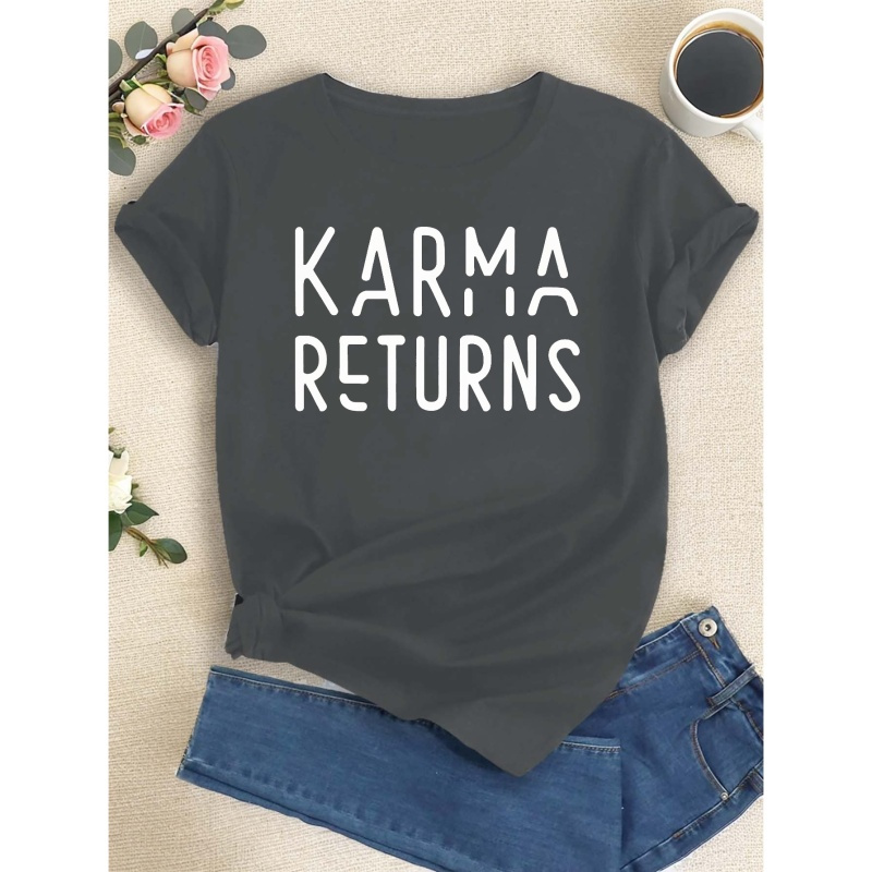 

For Karma Returns" Graphic Tee For Women - Casual Crew Neck, Short Sleeve Top, Breathable Polyester,