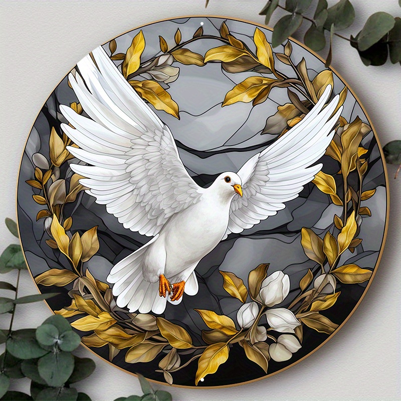 

1pc 8x8in Aluminum Metal Sign, Dove Of Peace Round Decorative Sign, Olive Branch Wreath Sign, Welcome Door Sign, Bedroom Decoration Suitable For Various Scenarios