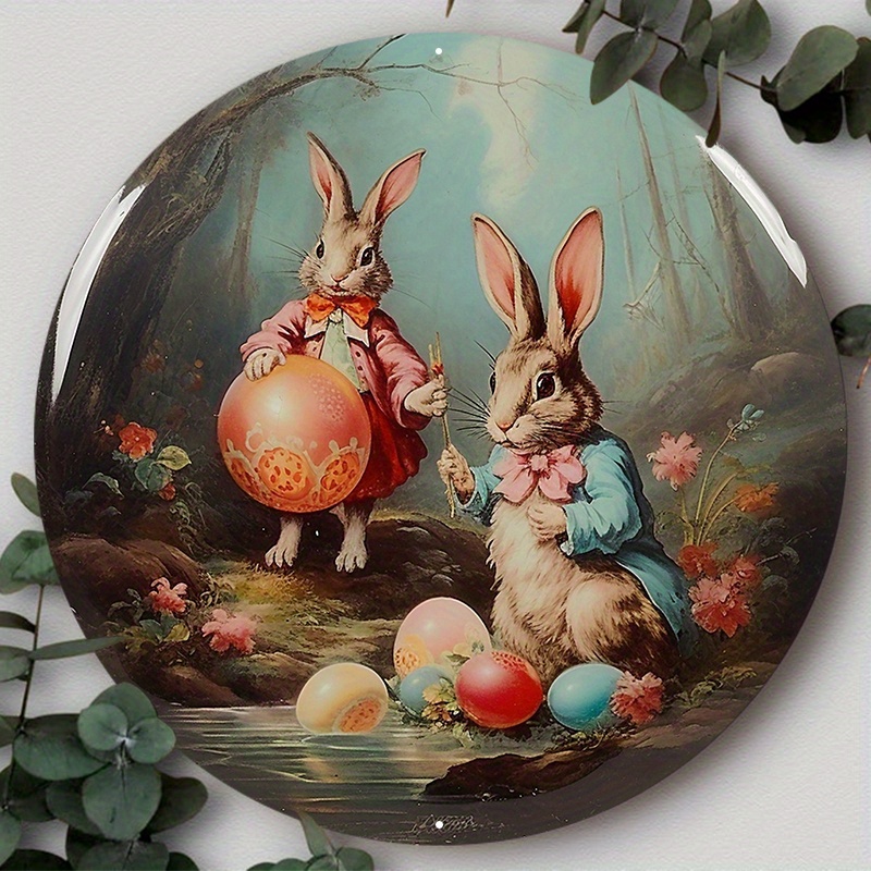 

1pc 8x8in Aluminum Metal Sign, Easter Rabbit, Easter Bunny Holding Eggs, Classic Rabbit Mural Painting, Tin Sign For Office Home, Suitable For Various Scenarios