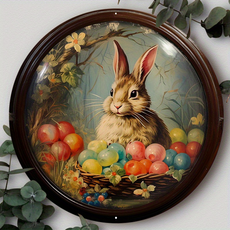 

1pc 8x8in Aluminum Metal Sign, Easter French Rabbit Sign, Easter Bunny Holding Eggs, Classic Rabbit Mural Painting, Tin Sign For Office Home, Suitable For Various Scenarios