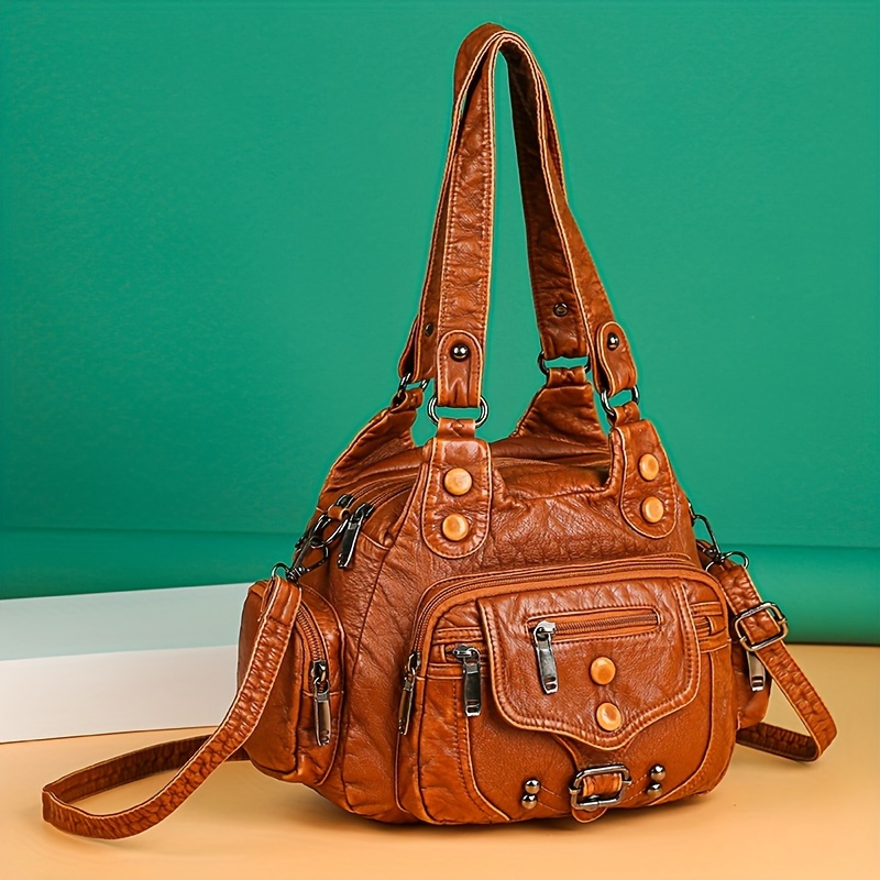 vintage style hobo shoulder match versatile handbag for women classic textured bag with rivets decor details 1