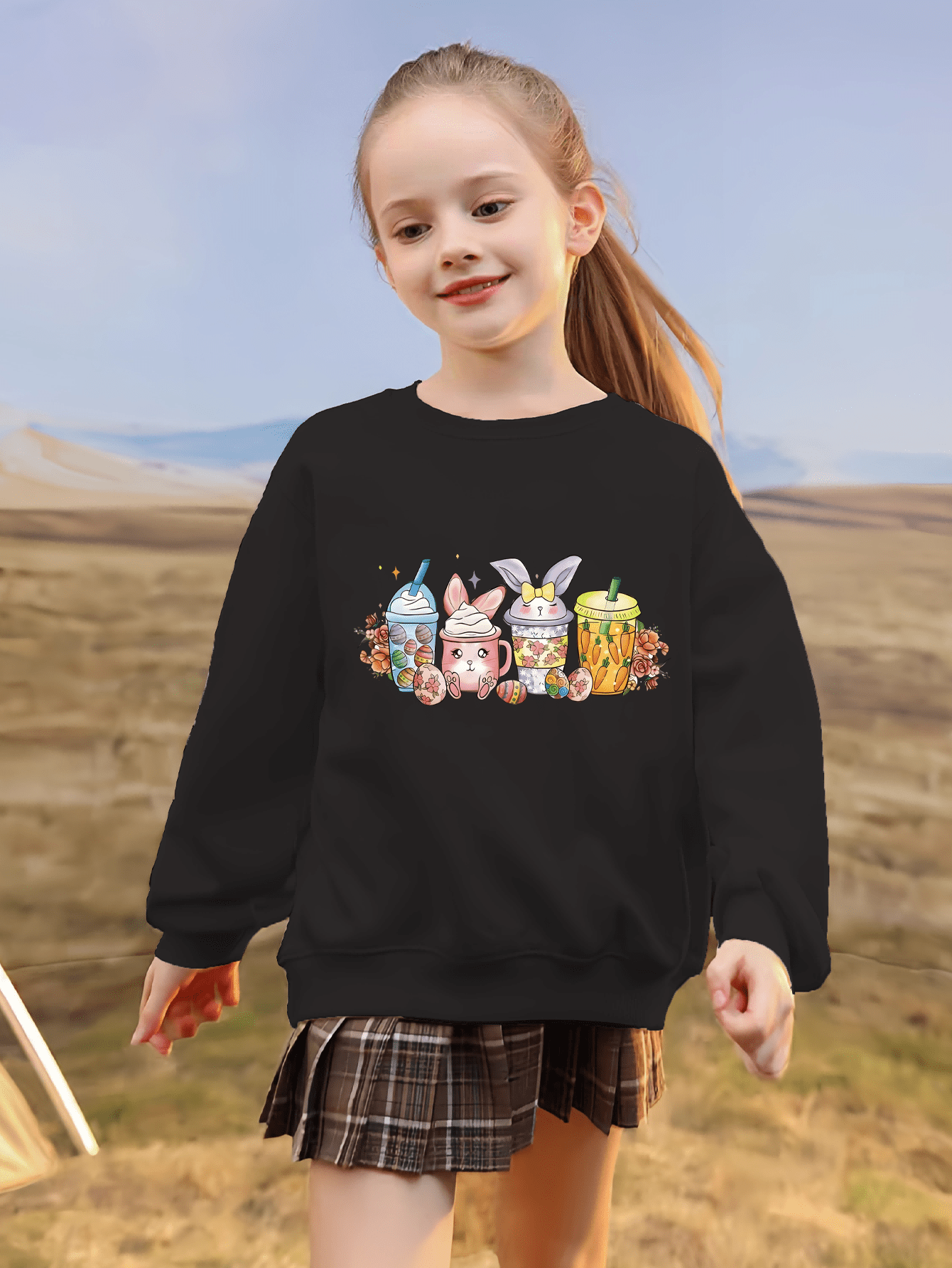 Rabbit Print Girls Cotton Pullover Round Neck Long Sleeve Temu Ireland