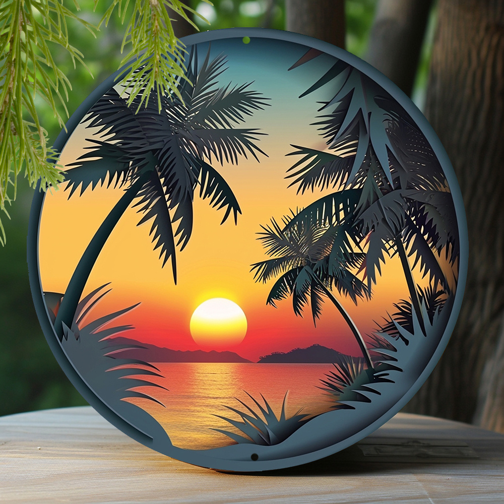 

1pc 8x8 Inch Spring Round Aluminum Sign Faux Cutout Painting Circular Wreath Sign Entrance Decoration Mother's Day Gifts Palm Tree And Sunset Themed Decoration