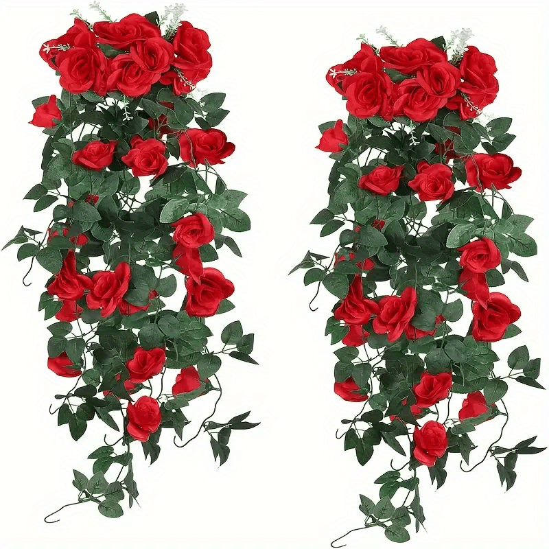 

2pcs Fake Hanging Flower, Artificial Rose Vine Hanging Plants, Artificial Hanging Flower Wedding Home Decoration And Wall Décor Red