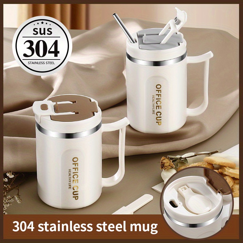

304 Stainless Steel Double Wall Mug With Spoon And Lid, Insulated Coffee Mug