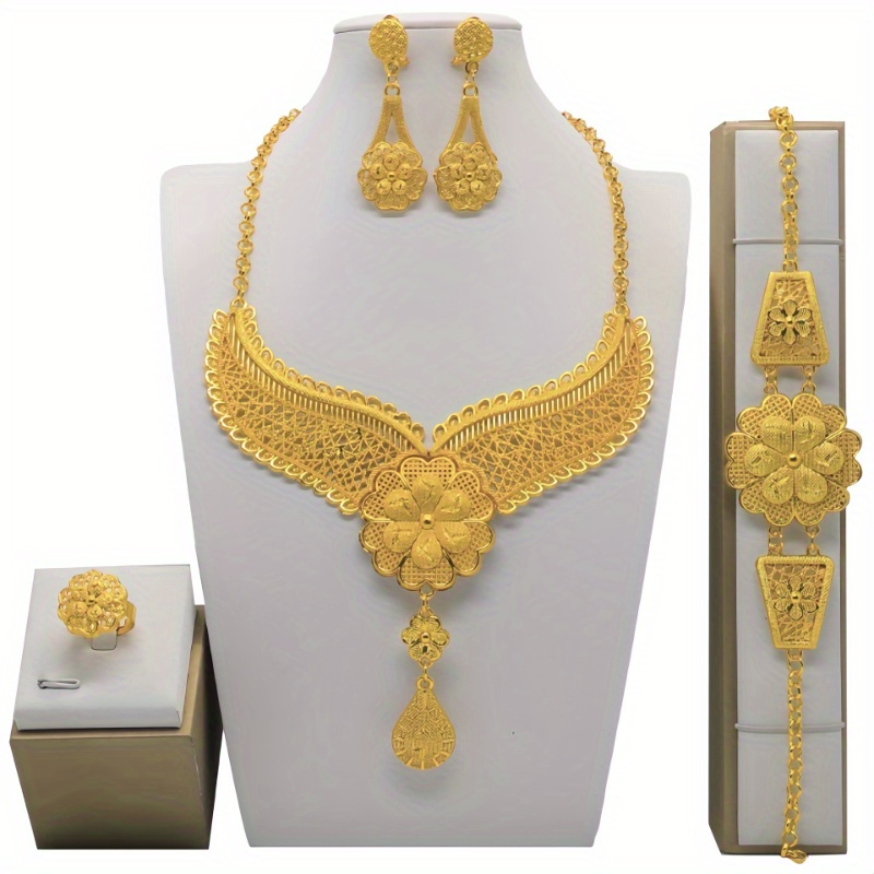 

Exquisite Luxury Court Style Golden Jewelry Set, Flower Shaped Waterdrop Pendant Wing Shaped Necklace Earrings Ring And Bracelet Set Suitable For Bridal Wedding And Party Wearing