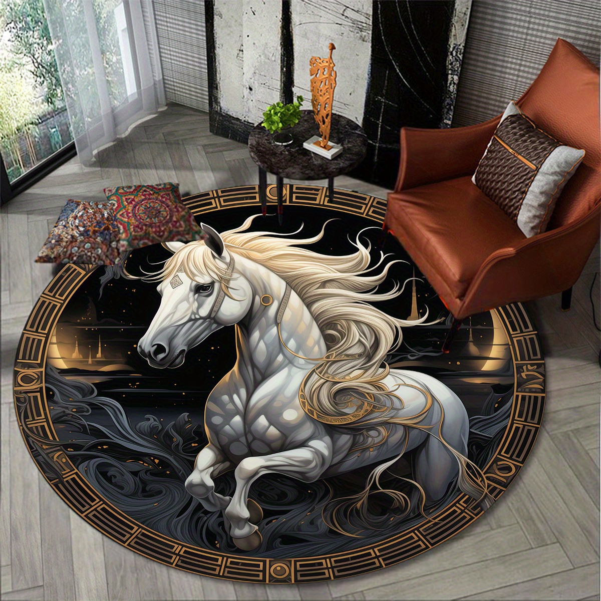 

1pc Horse Printed Round Area Rug, Comfy Anti Slip Doormat, Ideal For Bedroom Living Room Kitchen Patio Balcony And Play Room, Room Accessories, Home Decoration