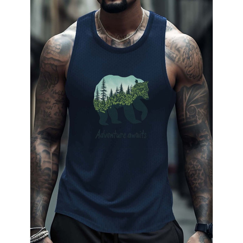 

Bear & Adventure Print Men's Trendy Sleeveless Tank Tops, Comfy Casual Breathable Tops For Men's Fitness Training, Jogging, Outdoor Activities