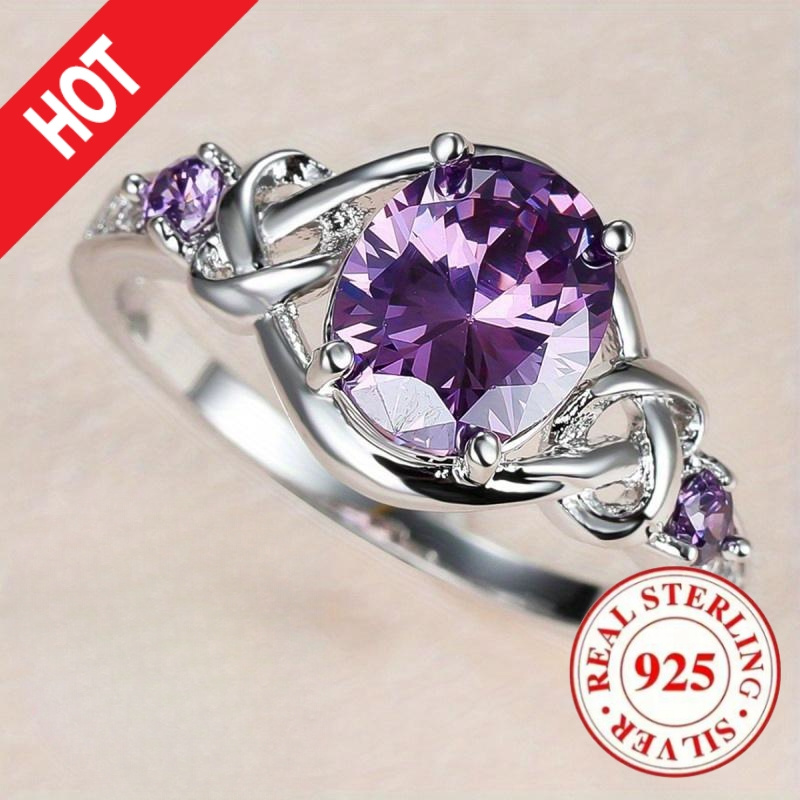 925 Silver & Purple Oval Geometric Women's Ring for Party Engagement