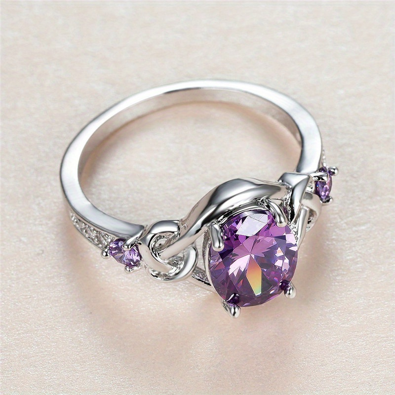 925 Silver & Purple Oval Geometric Women's Ring for Party Engagement