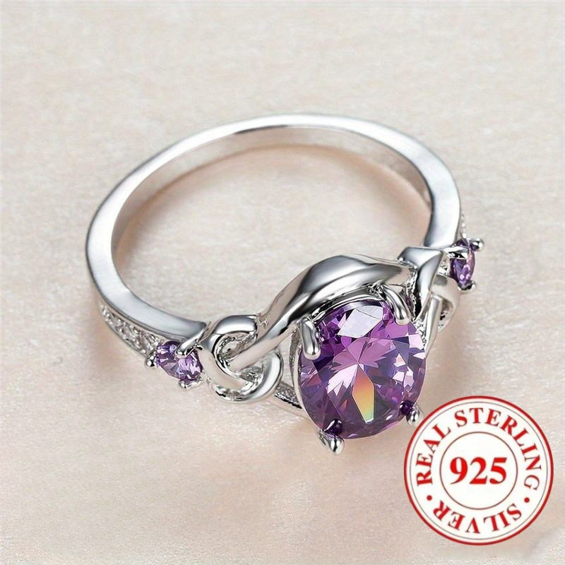 925 Silver & Purple Oval Geometric Women's Ring for Party Engagement