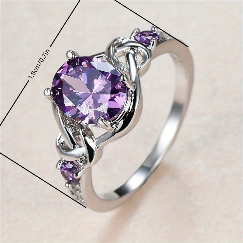 925 Silver & Purple Oval Geometric Women's Ring for Party Engagement