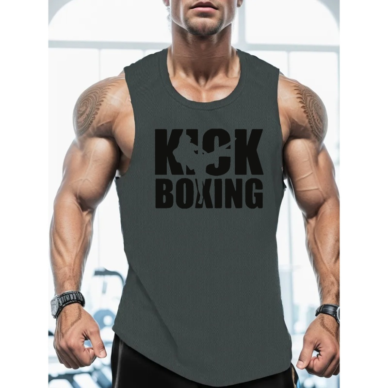 

Débardeur Sans Manches Imprimé Kick Boxing, Sous-vêtement Actif Pour Hommes Pour L'entraînement À La Salle De Sport
