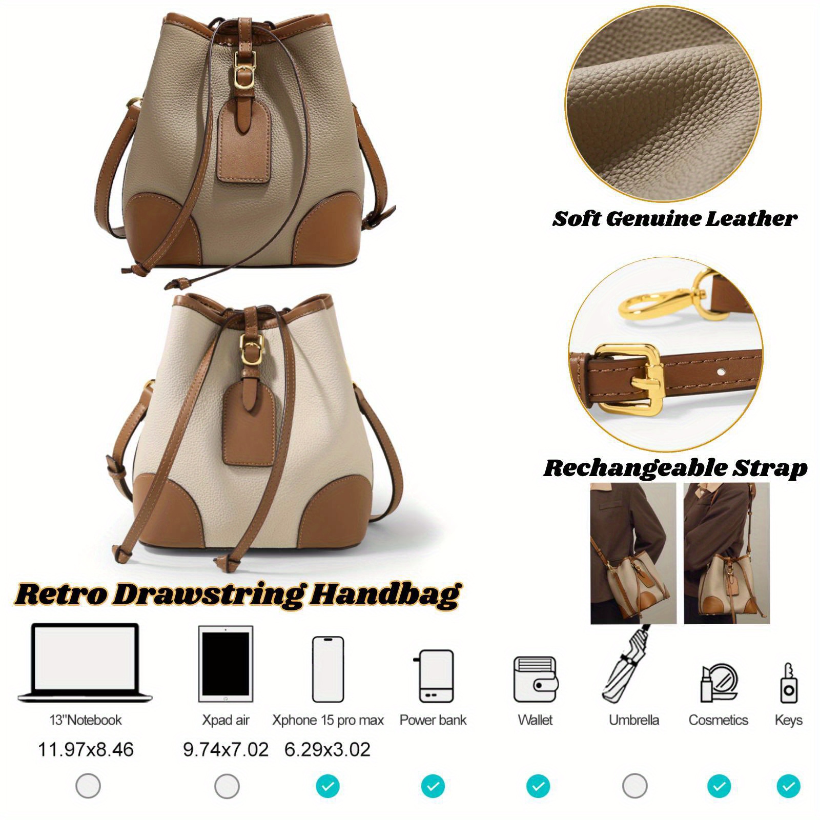 Adjustable Strap Drawstring Bag Large Capacity Solid Bucket - Temu