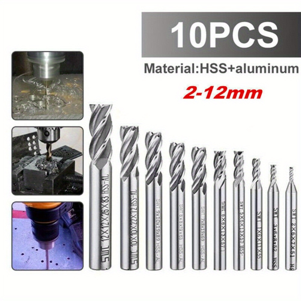 

10pcs 4 Slots Flute End Mill Cutter Drill Bit Cnc Milling Tool Hss Straight Shank