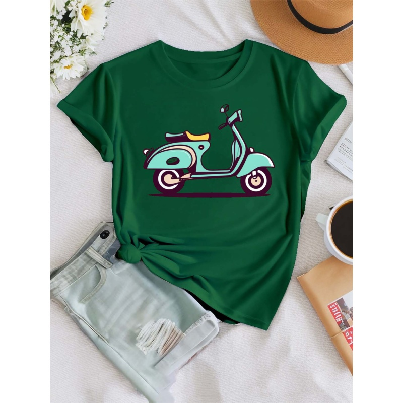 

Retro Scooter Line Art Print T-shirt, Short Sleeve Crew Neck Casual Top For Summer & Spring, Women's Clothing