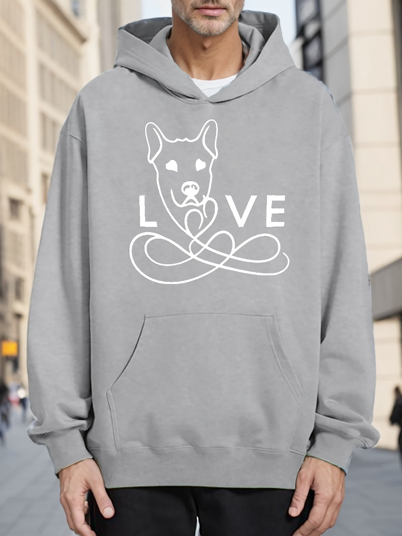 Love Dog Print Men's Pullover Round Neck Hoodies Kangaroo Temu Ireland