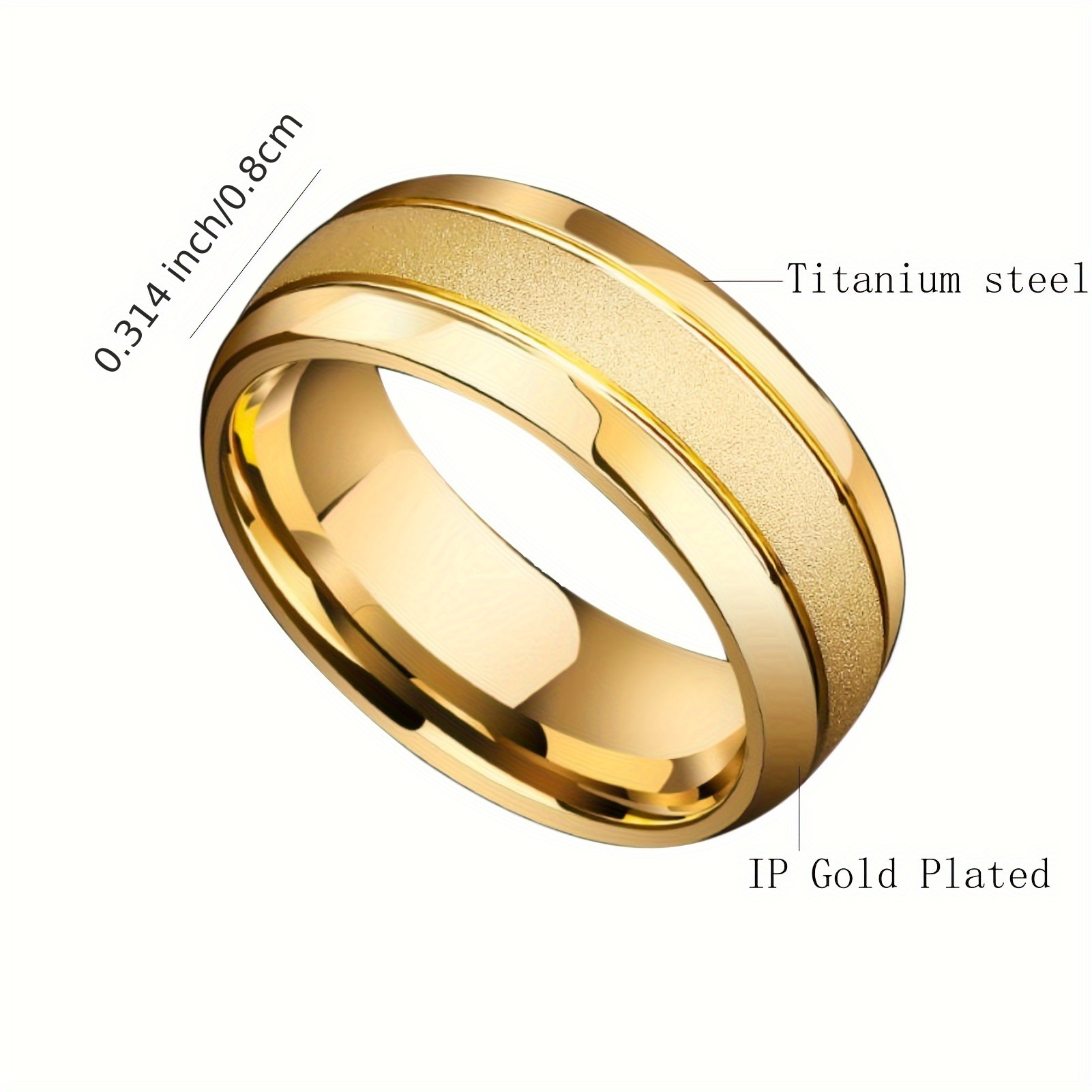 Men's Matte Golden Titanium Steel Wedding Ring, 8mm Width
