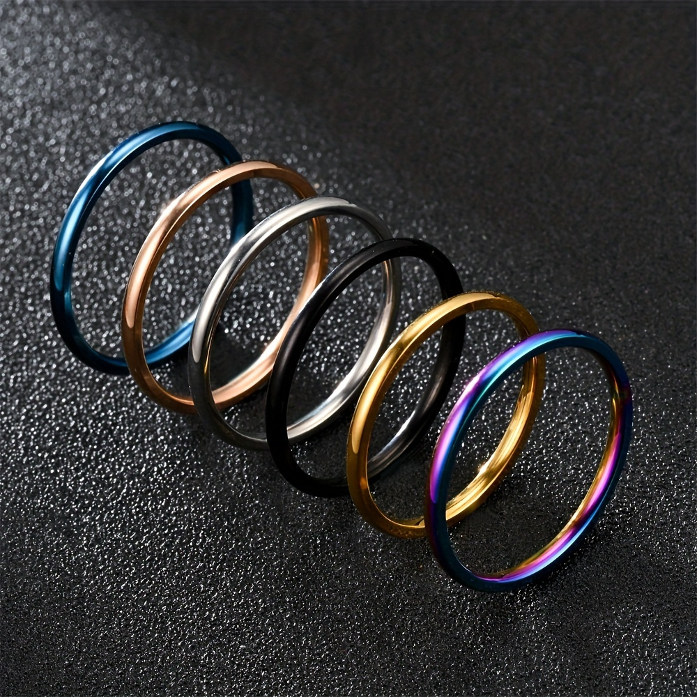 

6pcs Titanium Alloy Narrow Band Rings In Assorted Colors, Stackable & For Casual Attire