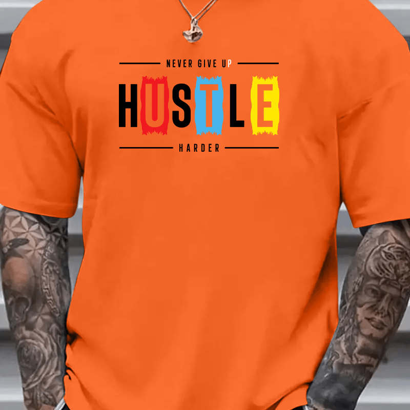 

Plus Size Hustle Print Men's Short Sleeve T-shirts, Comfy Casual Breathable Tops For Men's Fitness Training, Jogging, Men's Clothing