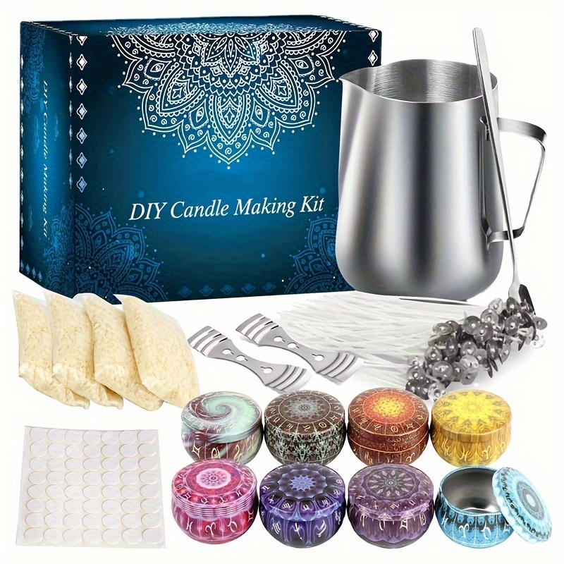Gift box with candle making tools, candle, soy wax, wicks and