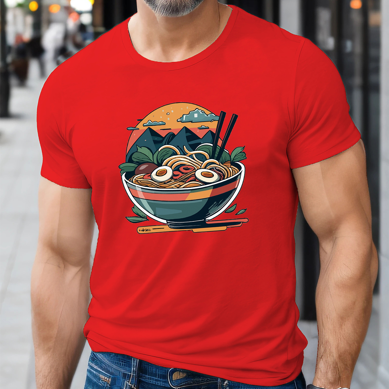 

Cartoon Ramen Print, Men's Fashion Comfy T-shirt, Casual Stretchy Breathable Top For Summer, Men's Clothing