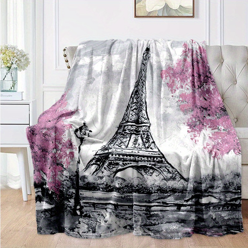 

1pc Eiffel Tower Pattern Flannel Blanket For All Season, Cozy Warm Soft Blanket For Travelling