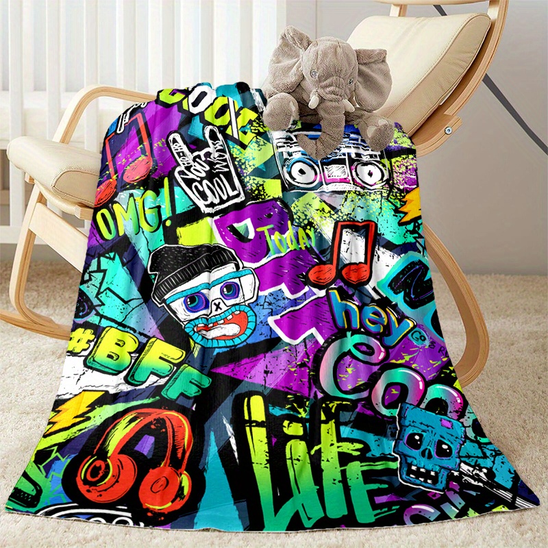 

1pc Graffiti Hip-hop Music Pattern Flannel Blanket For All Season, Cozy Warm Soft Blanket For Travelling