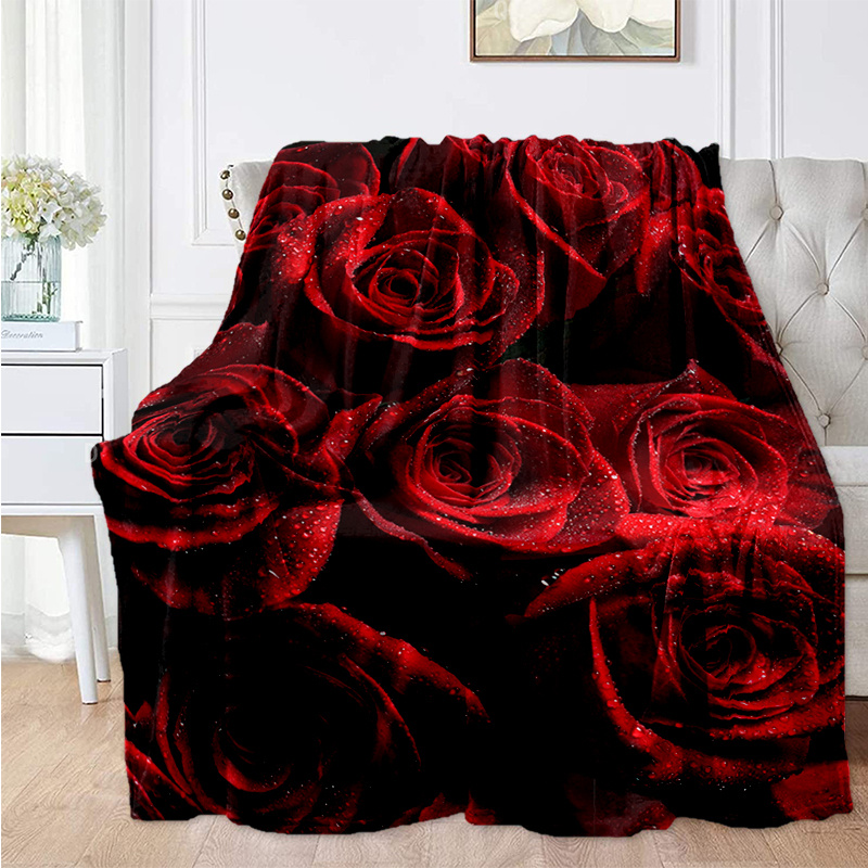 

1pc Red Rose Pattern Flannel Blanket For All Season, Cozy Warm Soft Blanket For Travelling