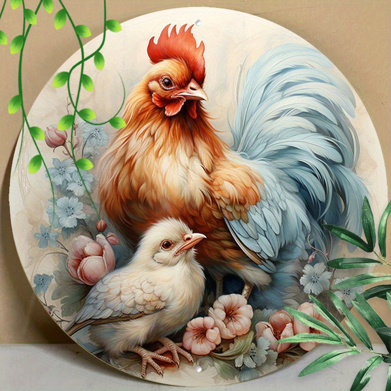 

1pc 8x8inch (20x20cm) Round Aluminum Sign Metal Tin Sign Forest Animals Mama Chicken Mother's Day For Man Cave Home Decor Coffee