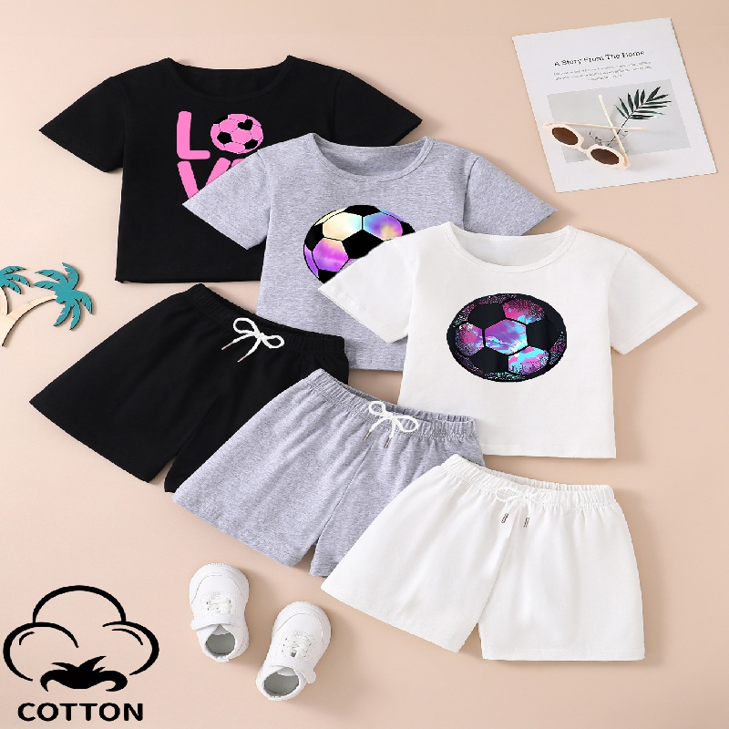 

3 Sets - 6 Pieces, Boy's And Girl's Soccer & Letter Print Tee & Fake Drawstring Shorts Set, Kid's Casual Outfit For Summer Outdoor